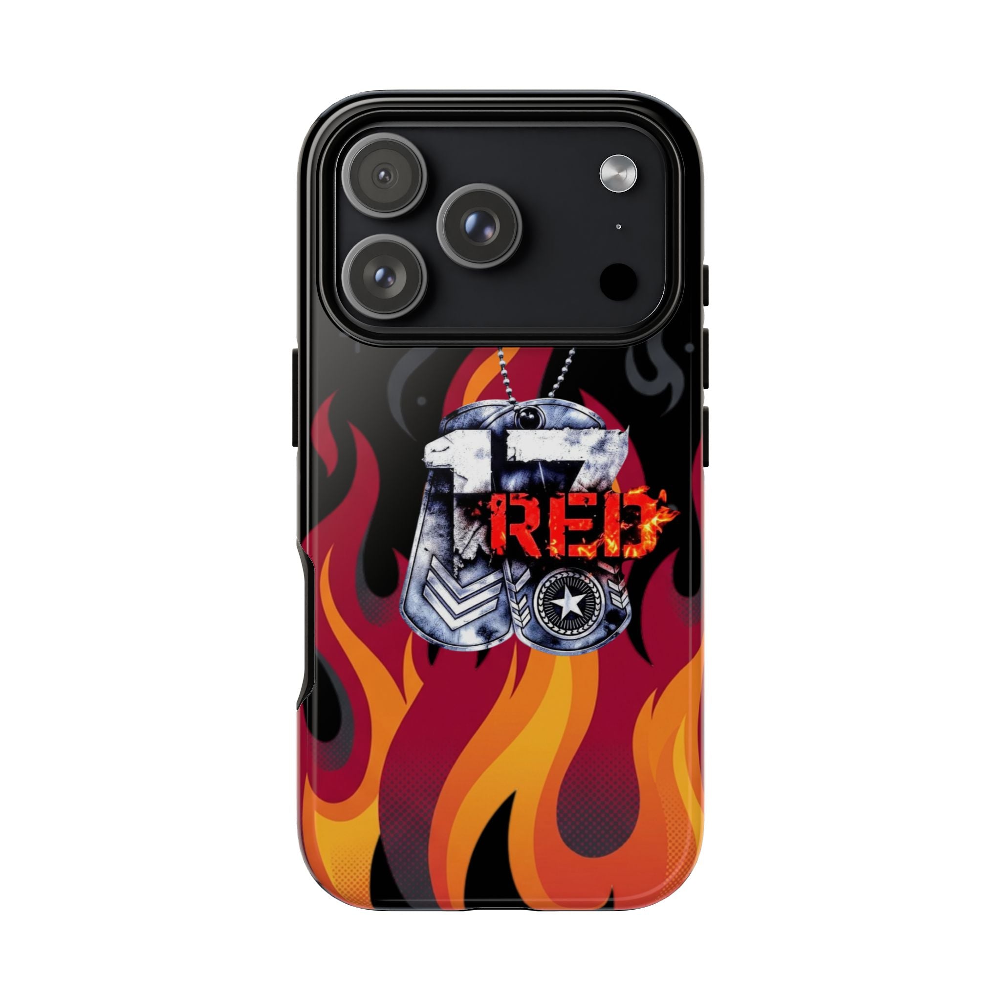 17RED with Flames Tough Cases – Rugged Dog Tag '13' Flame Graphic Phone Case (Military-Inspired)