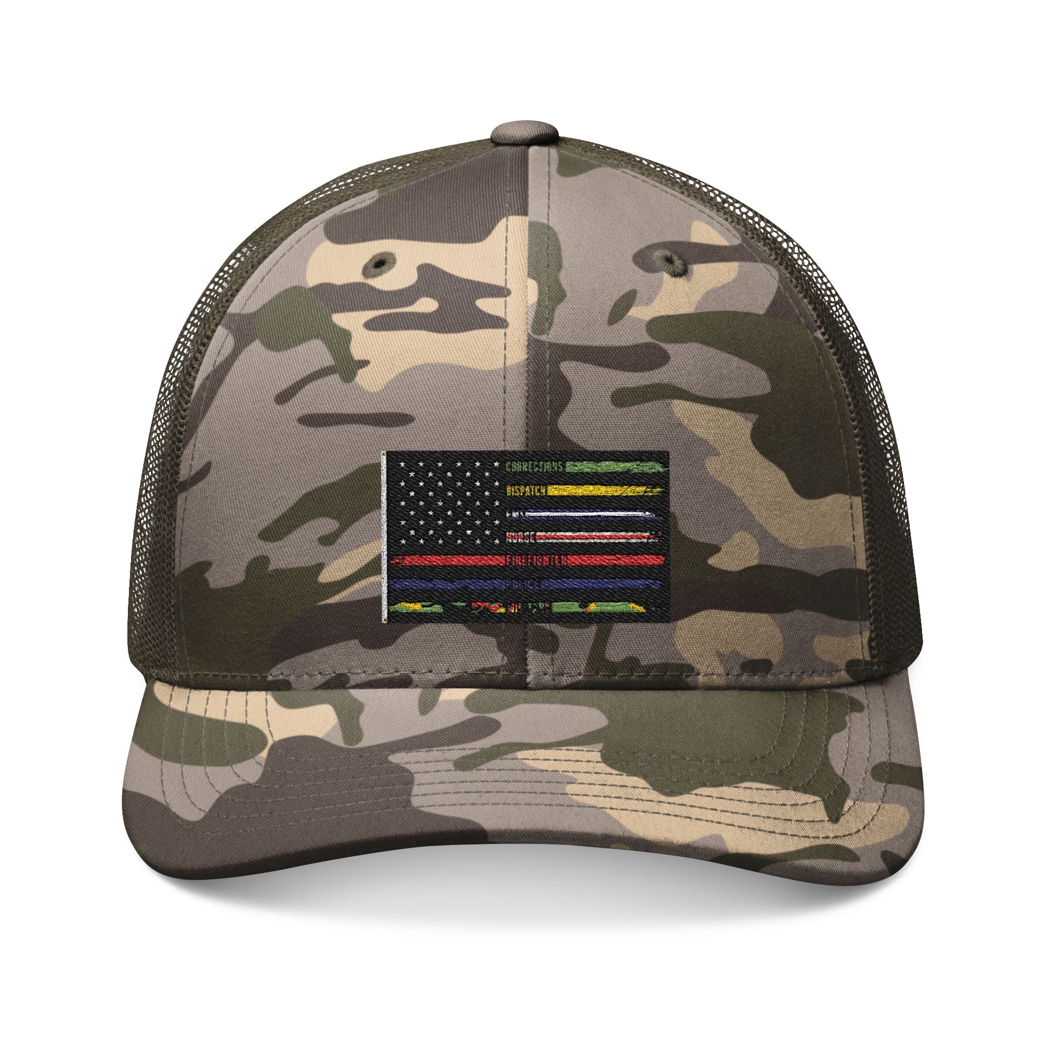 Camo Trucker Hat with Thin Line Flag Embroidery — Outdoor Adventure Cap