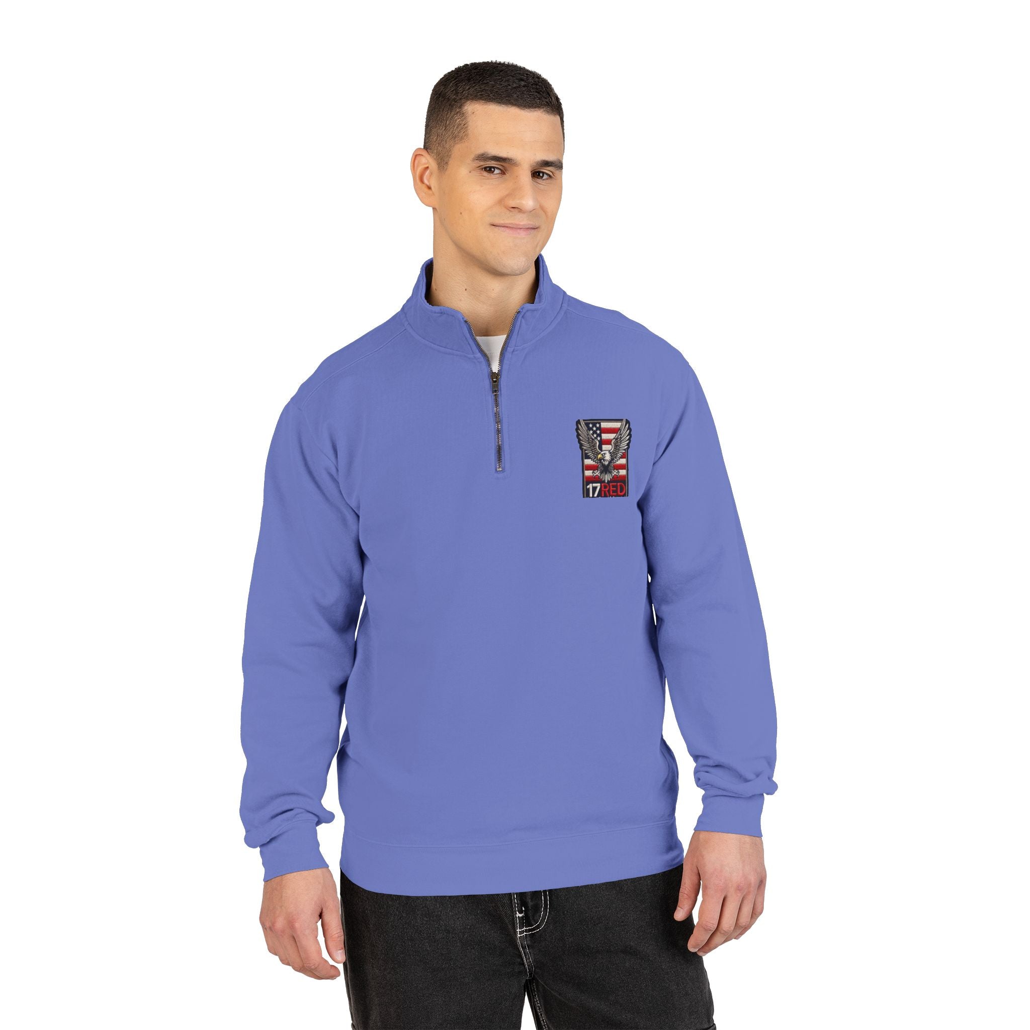 Patriotic Eagle Quarter-Zip Sweatshirt — American Flag 17RED Chest Logo