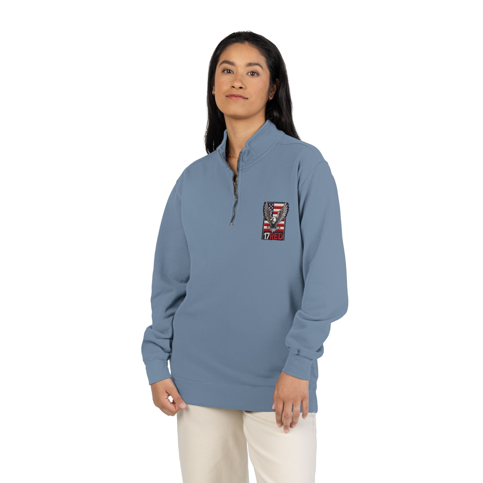 Patriotic Eagle Quarter-Zip Sweatshirt — American Flag 17RED Chest Logo