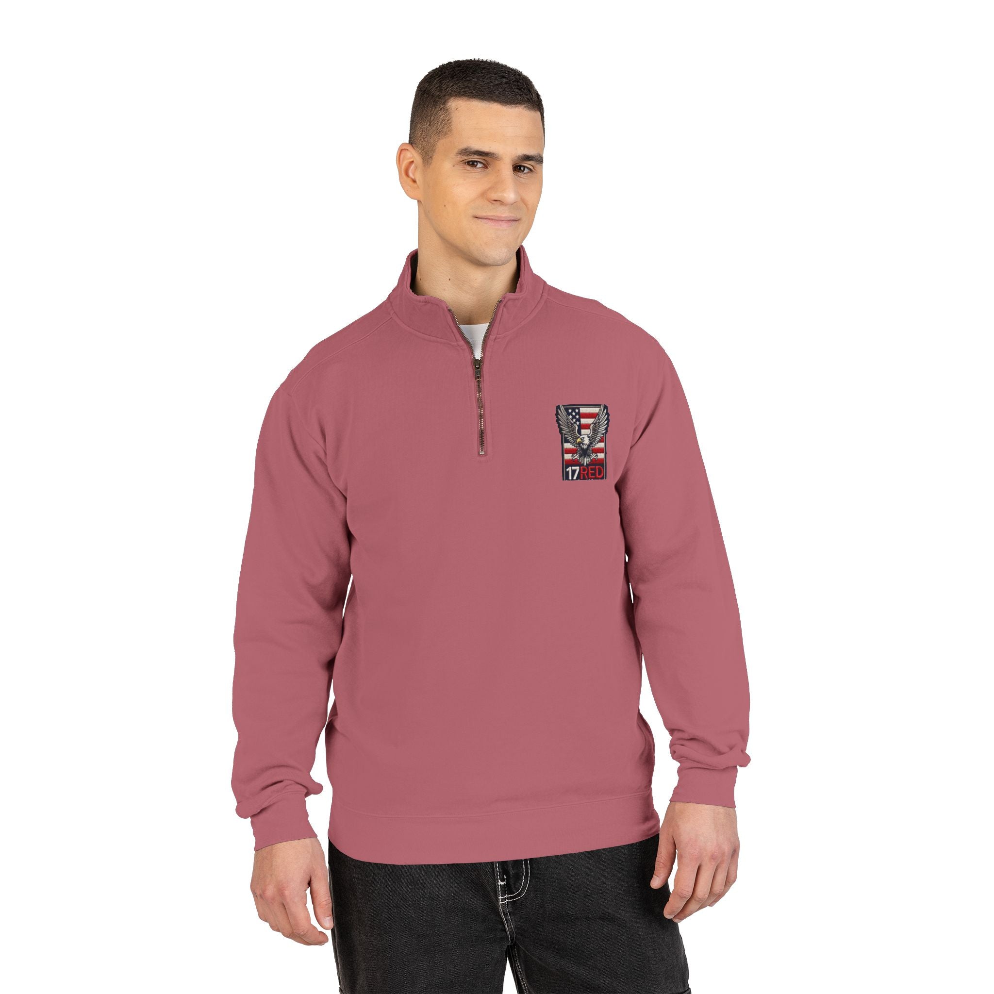 Patriotic Eagle Quarter-Zip Sweatshirt — American Flag 17RED Chest Logo