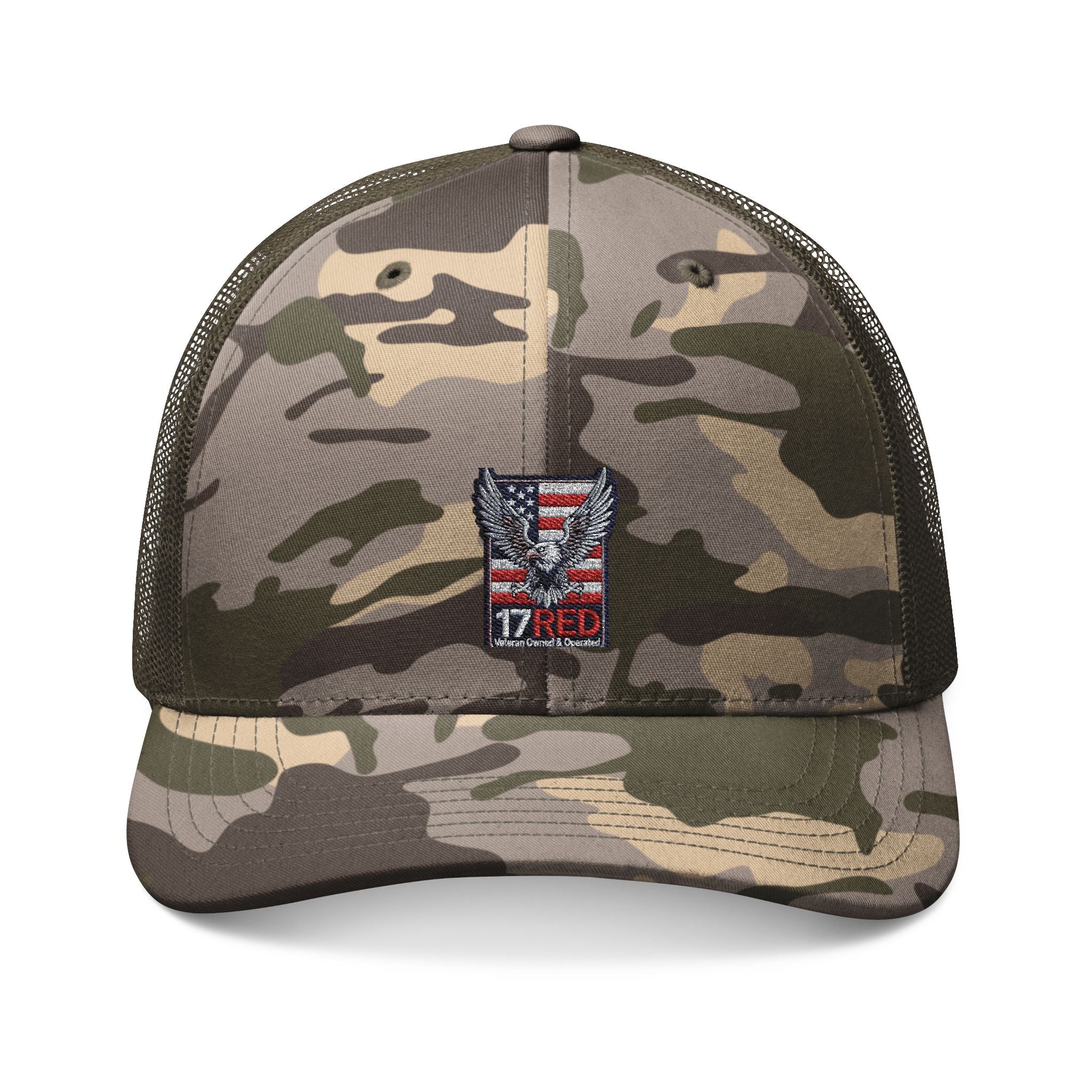 17RED Eagle Camo Trucker Hat — Embroidered American Flag Patch (Outdoor, Military-Inspired)